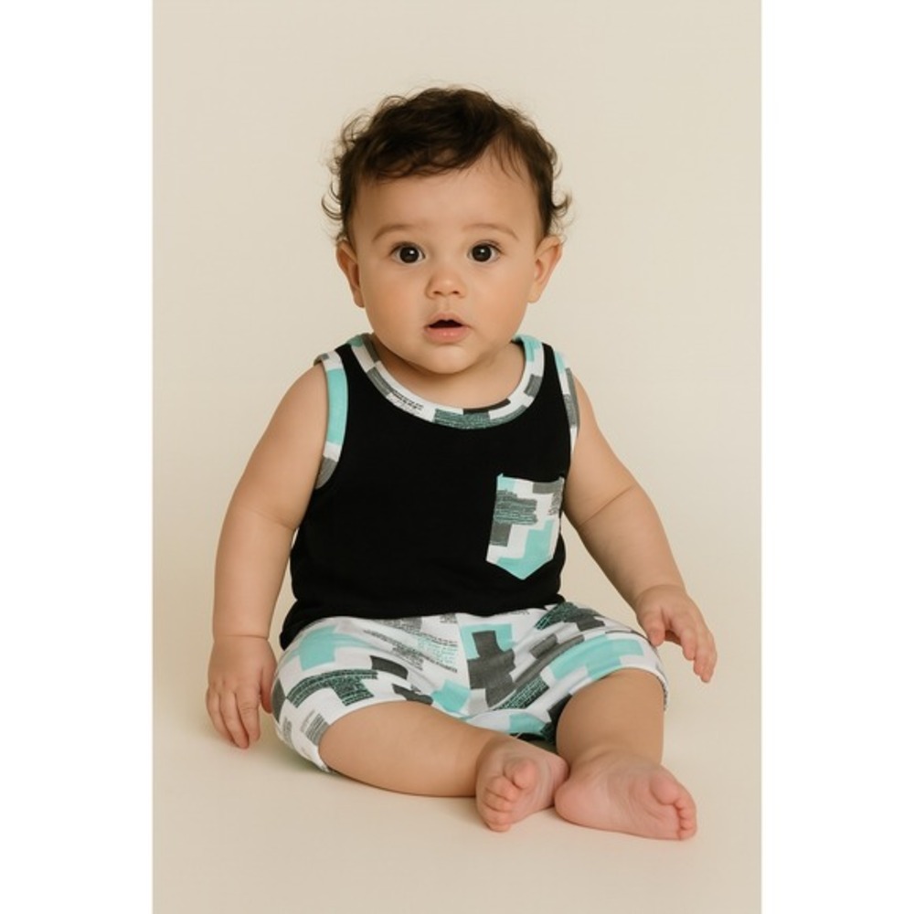 Baby Boy Summer Outfit 0-6M Tank Top + Camo Shorts Set‎ Black/White 2 Pc